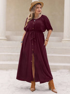 Plus Size Round Neck Half Sleeve Dress with Button and Tie Detail