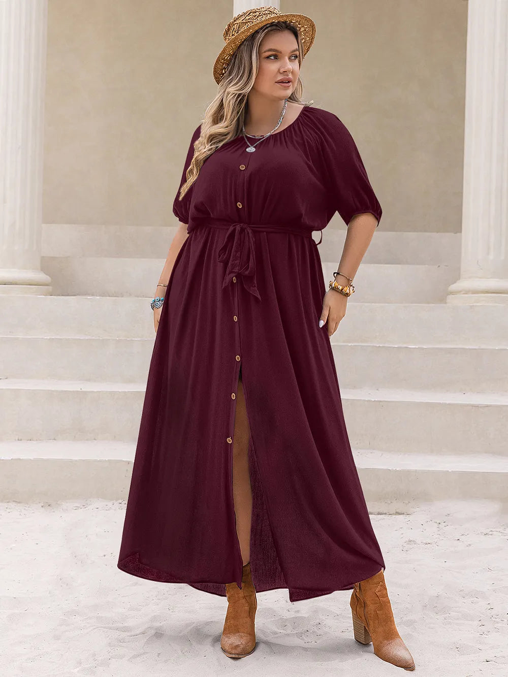 Plus Size Round Neck Half Sleeve Dress with Button and Tie Detail