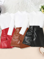 Children's Ribbed Knit Button-Up Top and Leather Skirt Two-Piece Set