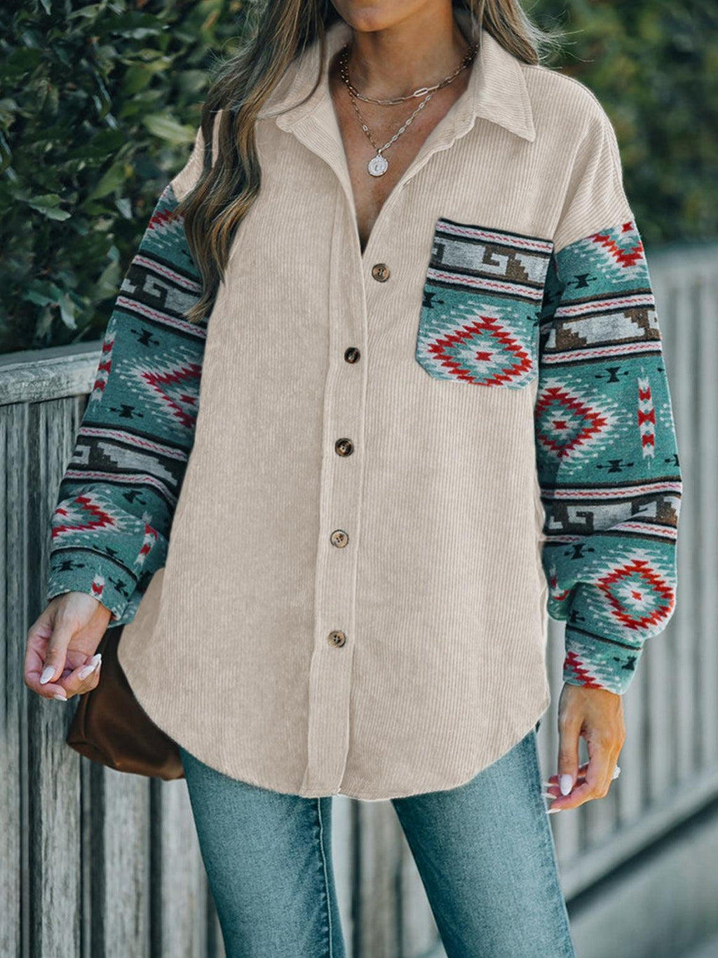 Shacket Corduroy Perfee Pocketed Geometric Collared Neck Outwear d3ea7a9b-2a54-4215-b48f-04d2e58b89de-Max Trendsi