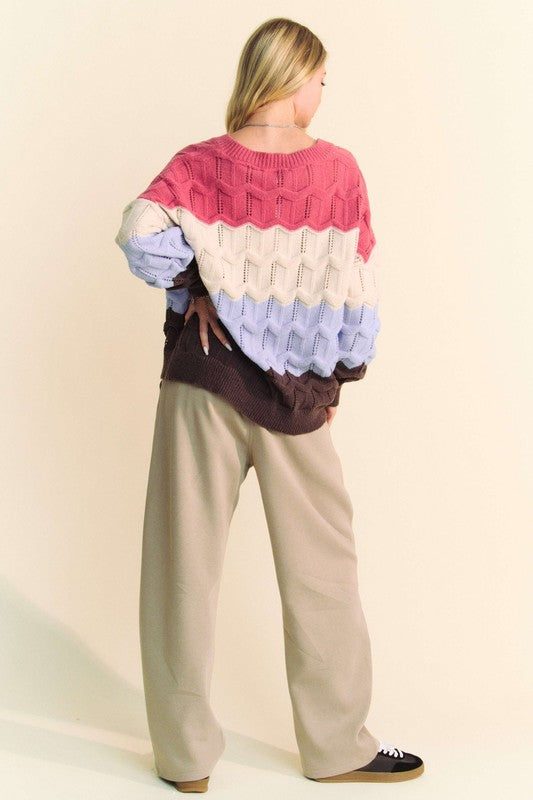 Davi & Dani Wavy Texture Sweater Color Block V-Neck Openwork Knit Pullover