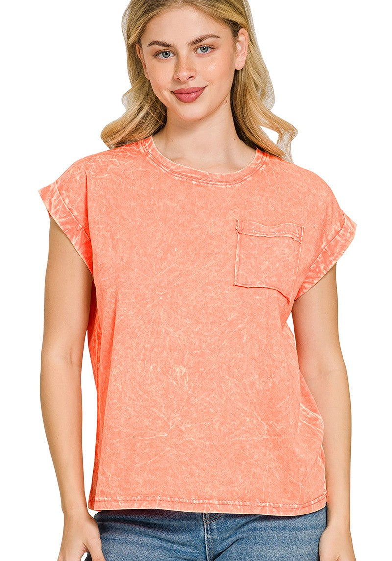 Zenana Crinkle Washed Round Neck Folded Short Sleeve Tee