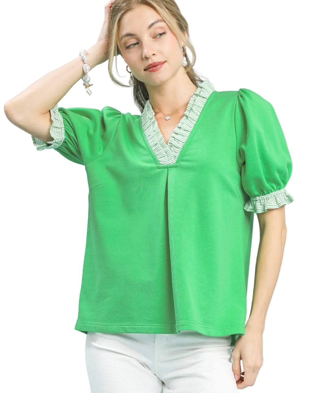 Umgee French Terry Ruffle Trim Puff Sleeve Top