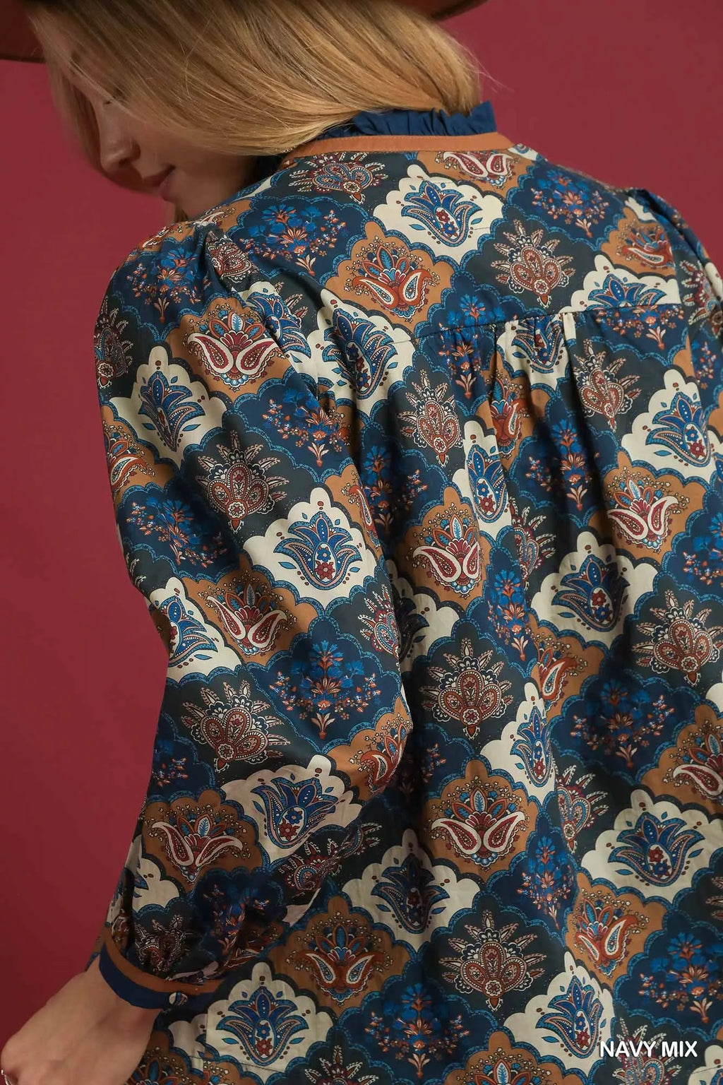 Umgee Women's Blouse Navy Floral Mix Abstract Print Ruffle Neck Top d3f83b44-f4f9-4641-9bbd-8d755be7ce1e-Max-Origin Trendsi