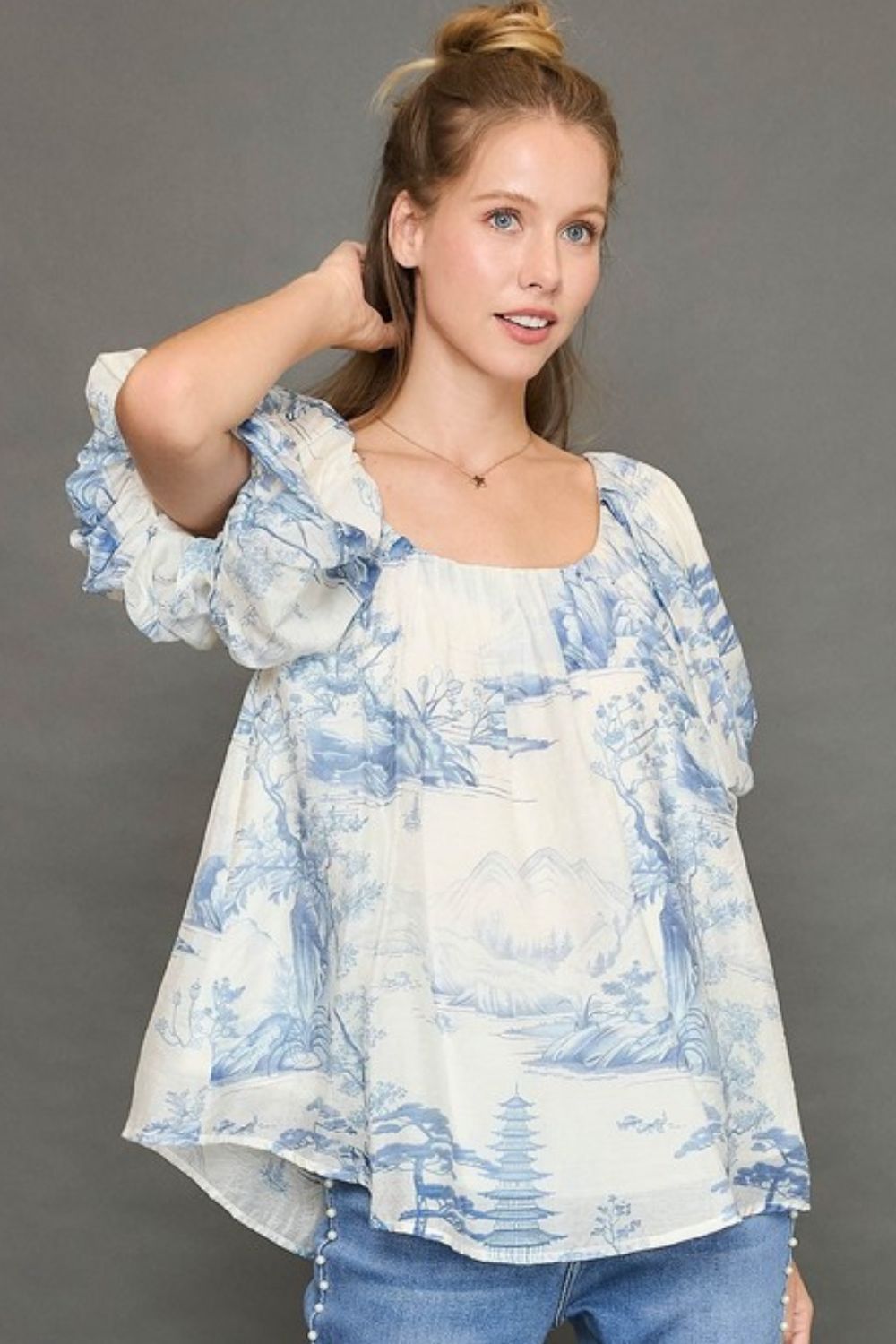 Umgee Blouse Two Tone Light Blue Toile Print Shor Puff Sleeve Top Light Blue d404e16a-495c-4a2d-835c-781e72d608f2-Max Trendsi