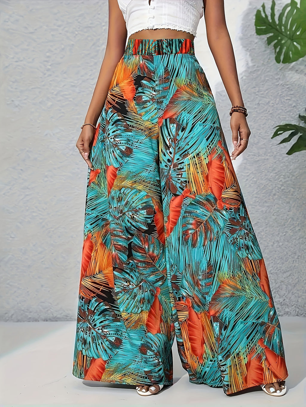 Tropical Print Wide-Leg Pants