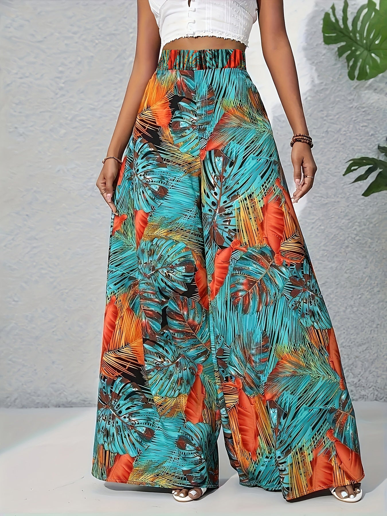 Tropical Print Wide-Leg Pants