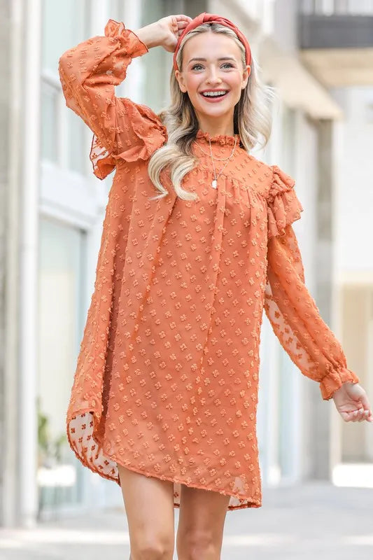 And The Why Mini Dress Swiss Dot Camel Lovely Ruffle Shoulder with Textured d406a32ebfe34644b51516a2c040fa8c-Max-Origin Trendsi