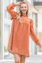 And The Why Mini Dress Swiss Dot Camel Lovely Ruffle Shoulder with Textured d406a32ebfe34644b51516a2c040fa8c-Max-Origin Trendsi