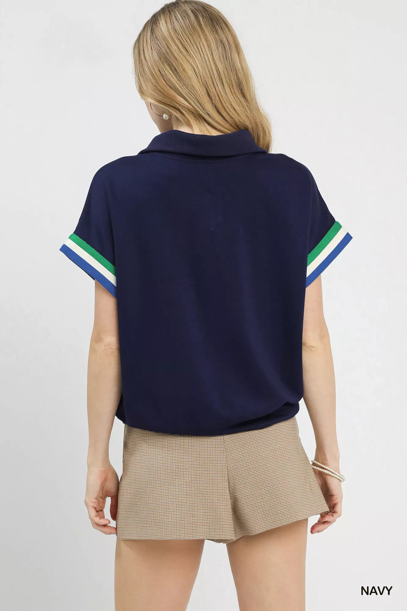 Umgee Blouse Zip Front Casual Top Navy Blue with Contrast Stripe Trim d406b733-4004-4749-b0bb-74dfe9af6632-Max-Origin Trendsi