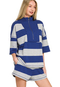 Zenana French Terry Striped Half-Zip Top and Shorts Lounge Set