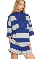 Zenana French Terry Striped Half-Zip Top and Shorts Lounge Set