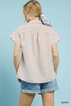 Umgee Womens Shirt Striped Blush Pink Top with Scallop Short Sleeves d41a85e0-1f9f-4729-b32a-5c1fb0b736cd-Max-Origin Trendsi