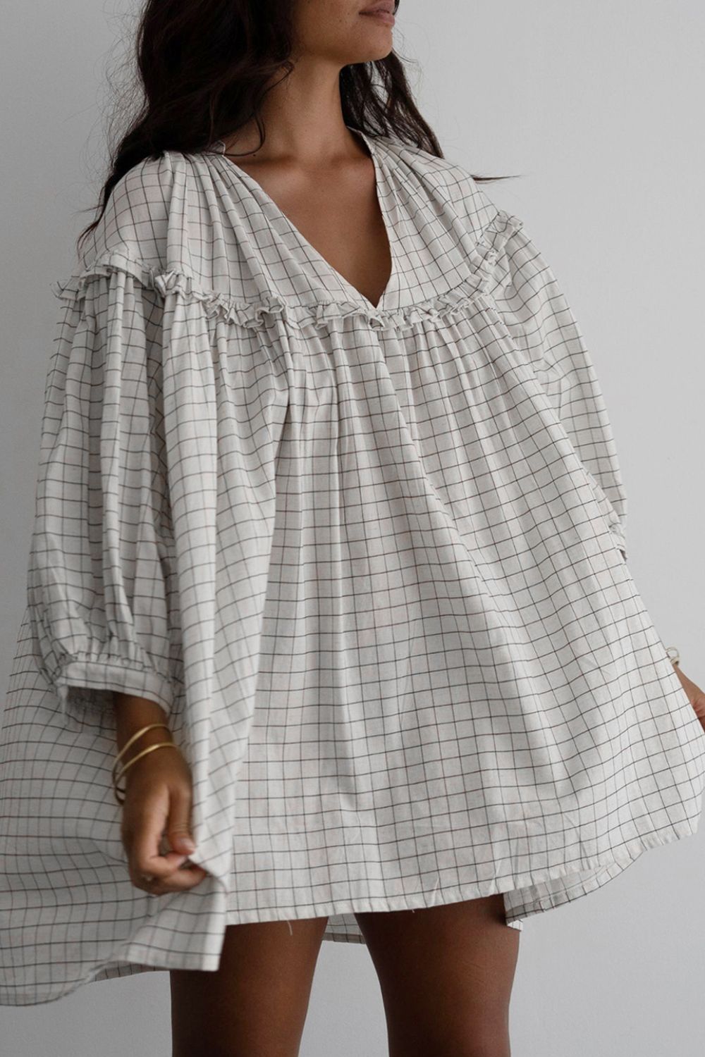 Mini Dress Frill Plaid Oversized Notched Balloon Long Sleeve Cotton Blend White d41d925f-8622-49f5-a946-3992e9558cd2-Max Trendsi