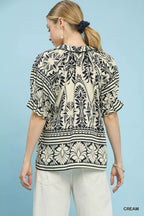 Umgee Blouse Cream Two Tone Boarder Print Top Short Puff Sleeves d41e1987-c49d-46c1-8499-976f7e46ce7a-Max-Origin Trendsi