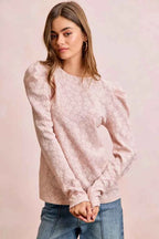 BiBi Women Blouse Textured Flower Knit Blush Pink Puff Shoulder Top Long Sleeve d4229d1de6464f81bbee3442140461f1-Max-Origin Trendsi