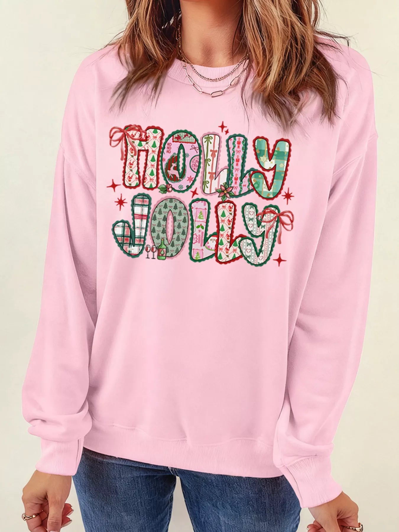 HOLLY JOLLY Women's Sweatshirt Pink Cute Holiday Graphic Print Top d42677bcae1b49dd8845a20307575429-Max-Origin Trendsi