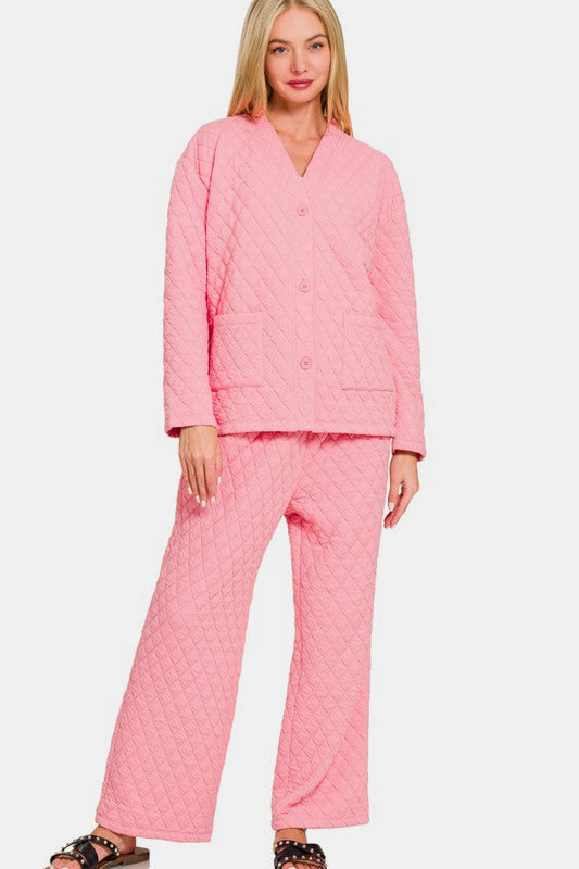 Zenana Quilted Lounge Set Dk Pink Button Up Long Sleeve Top and Pants 2 Pcs