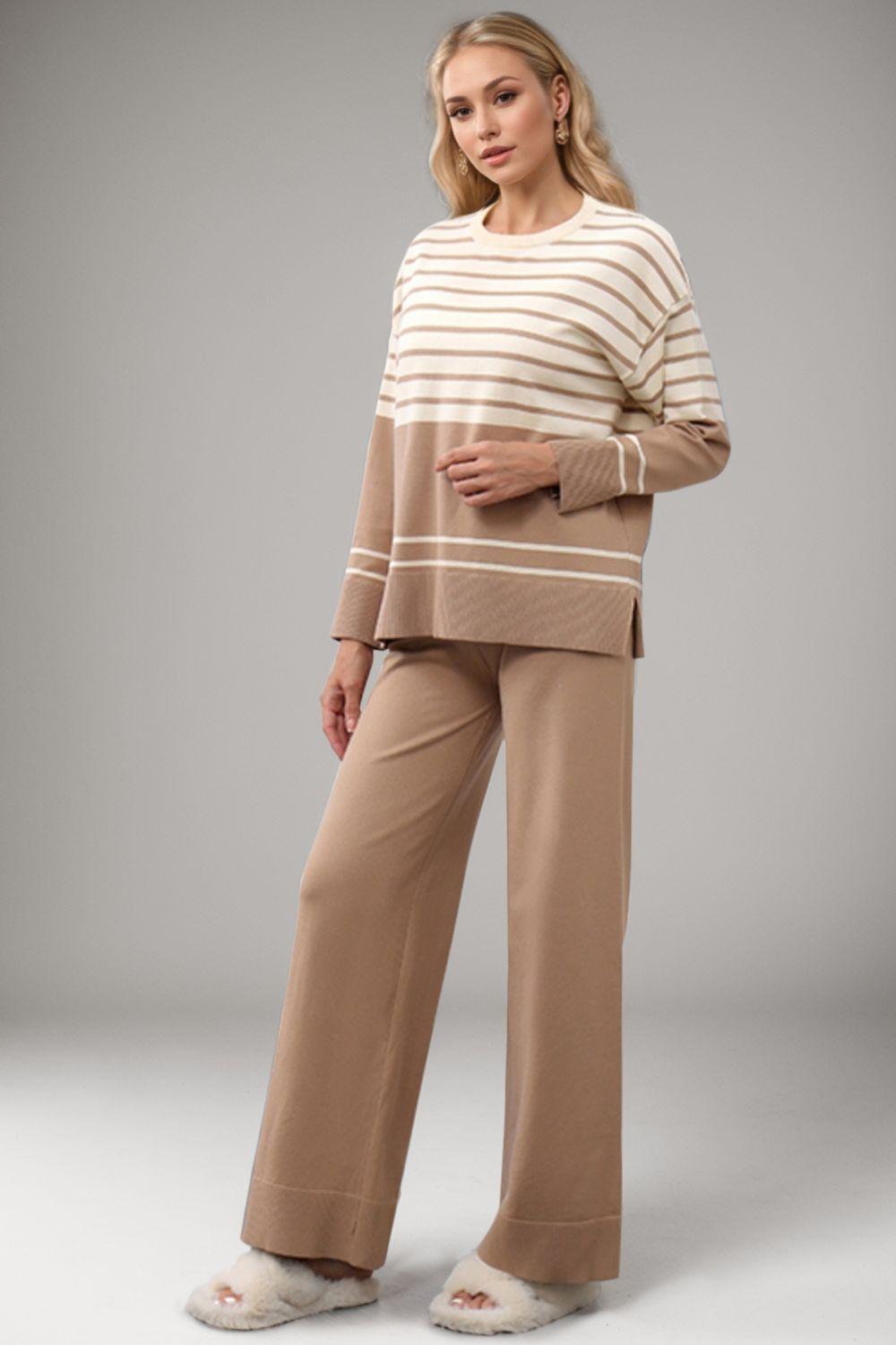 Basic Bae Outfit Sweater Set Striped Round Neck Long Sleeve Top and Pants Set