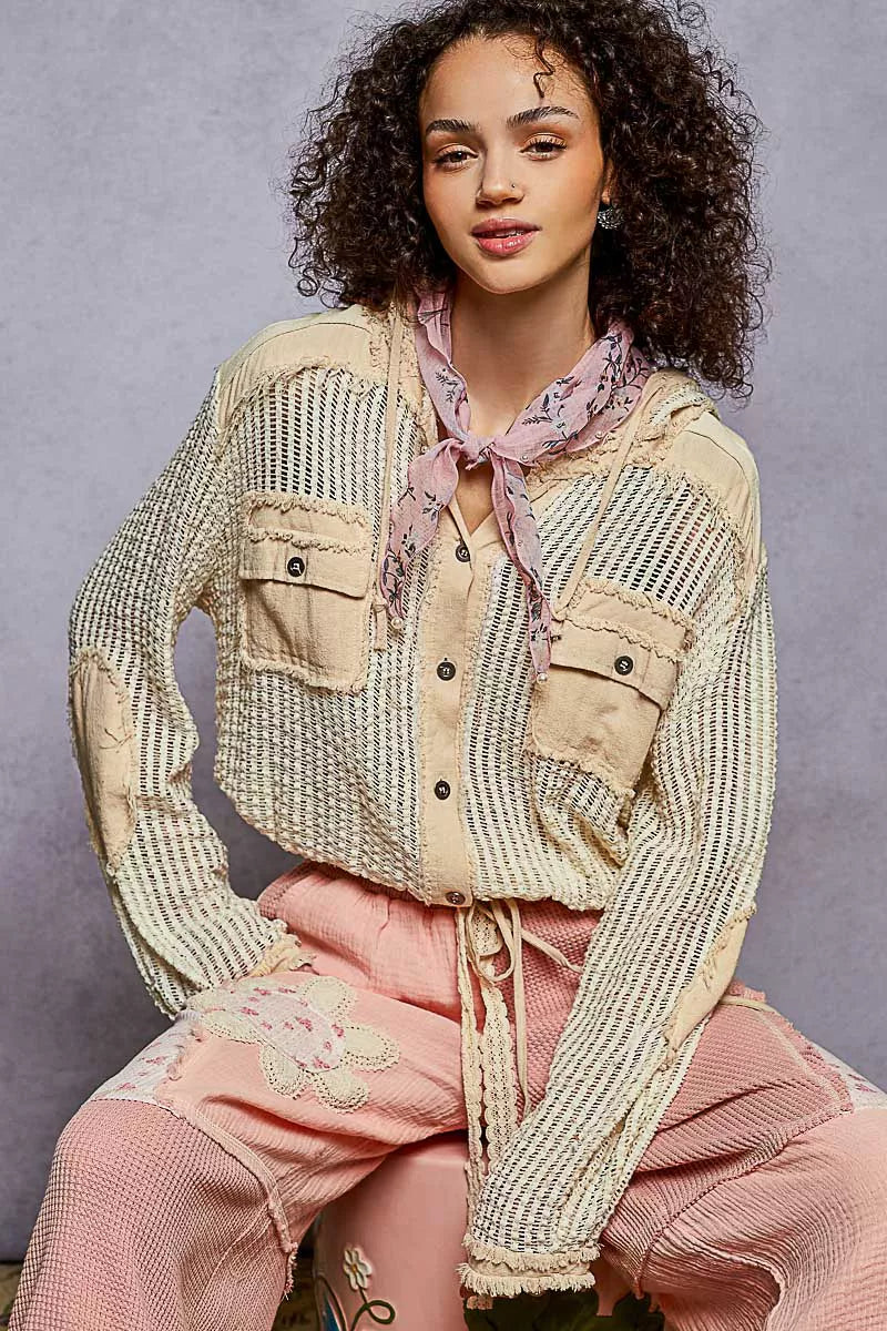 POL Womens Shirt Cream Texture Woven Button Hooded with Drawstring Hem d43cc473-0feb-427f-9d85-2242cd47a279-Max-Origin Trendsi