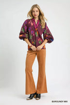 Umgee Womens Blouse Burgundy Mix Floral Print Flounce Long Sleeve Top d44edcee-0f31-4878-ab7e-070bb7589561-Max-Origin Trendsi