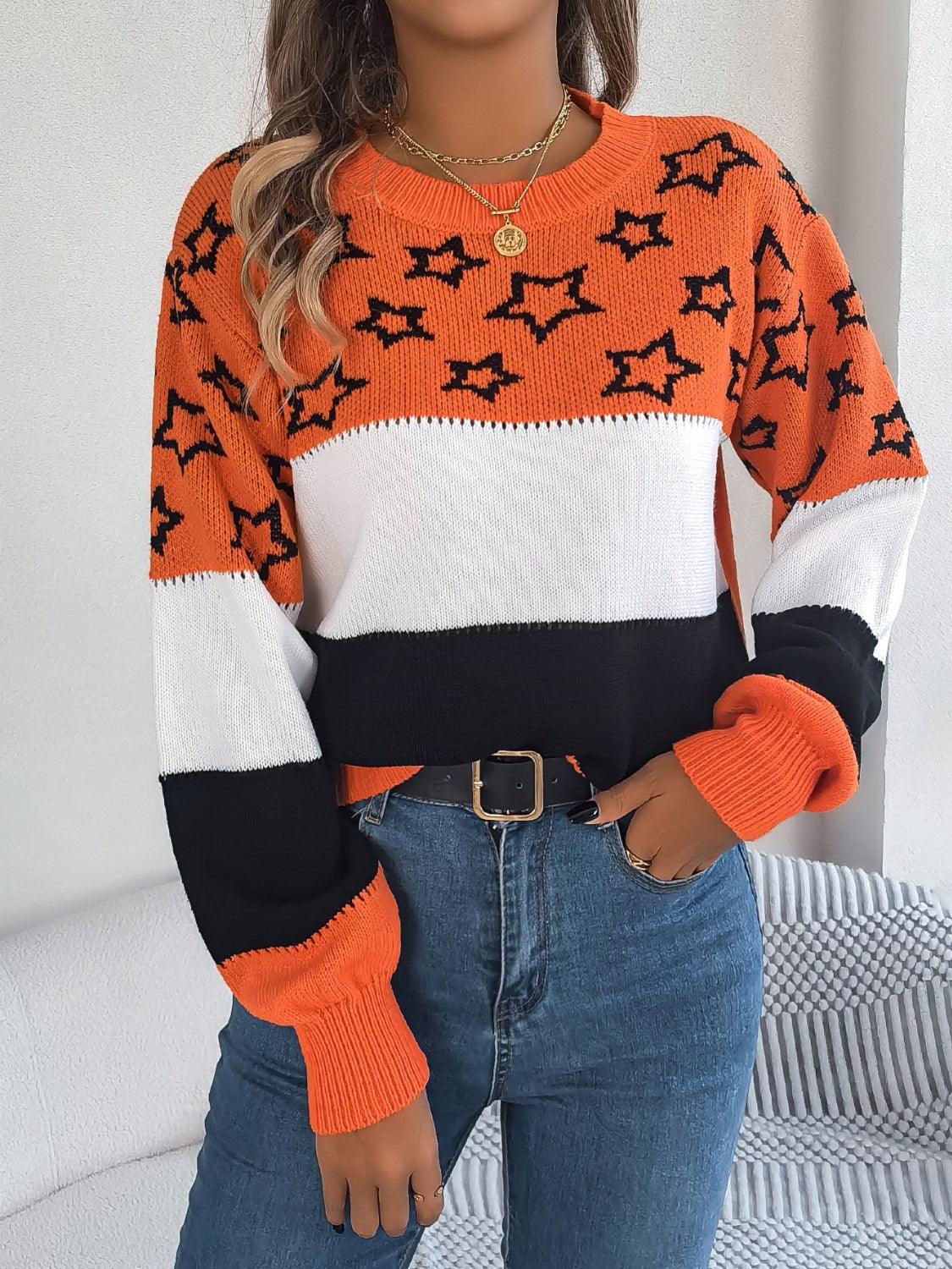 Sweater Star Contrast Round Neck Long Sleeve Knitwear Orange d458c4bd-32b4-4af1-a71a-20b7751cca55-Max Trendsi