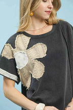 Umgee Blouse French Terry Top with Flower Patch Short Sleeve Ash Gray d45bbec4-37f6-4591-b62f-b5c841fef8a0-Max-Origin Trendsi