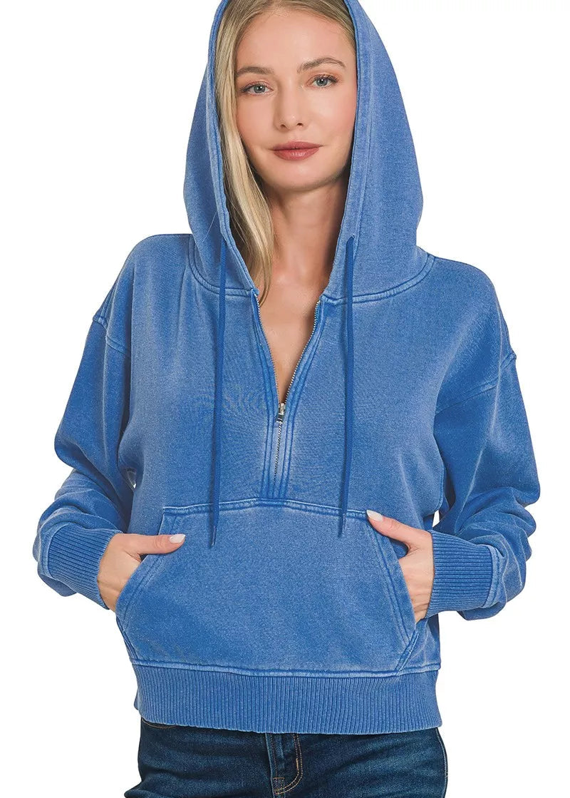 Zenana Fleece Hoodie Classic Blue Pigment Dye Half Zip Kangaroo Pocket Top CLASSIC BLUE d45d634e52dc490d82101a0a16ff261f-Max-Origin Trendsi