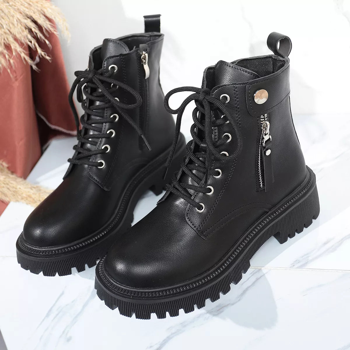 Women's Boots Black Pu Leather Round Toe Block Mid Heels Shoes d461782d8778408f9af15200fcfe8f16-Max-Origin Trendsi