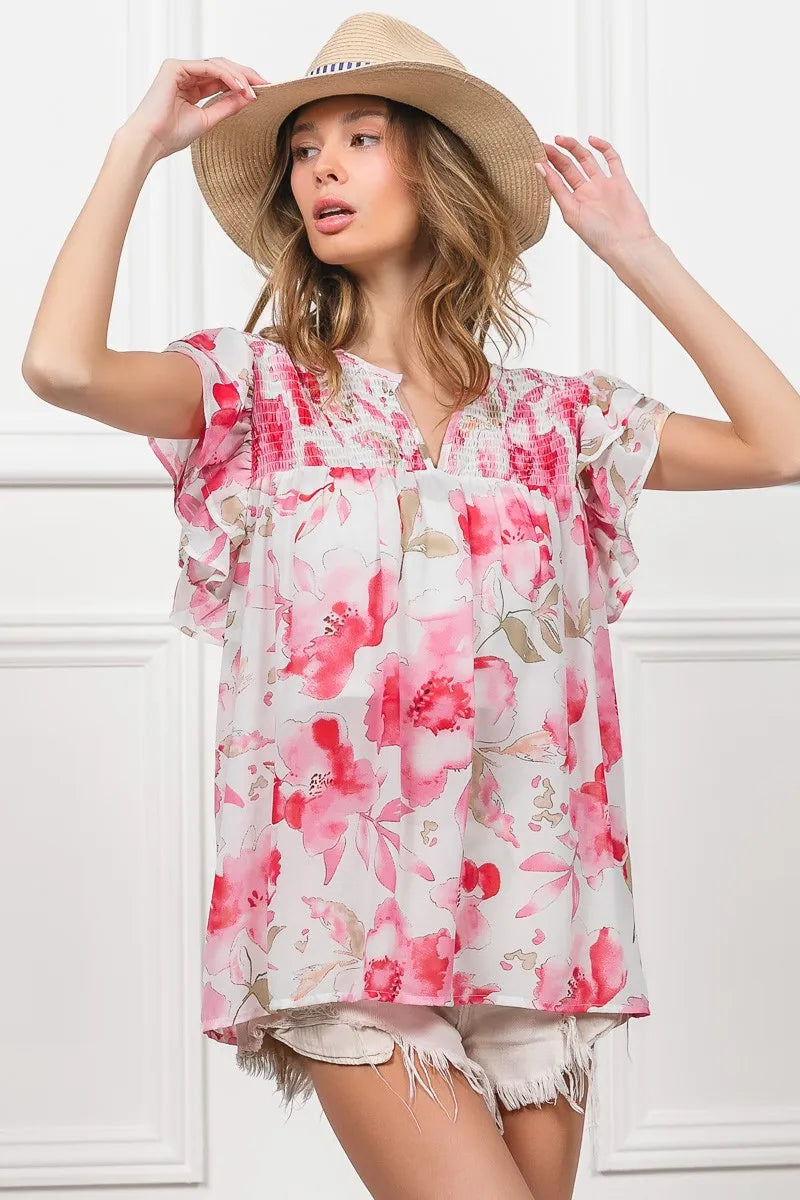 BiBi Blouse Ruffled Floral Print Flutter Sheer Top Short Sleeve d463e02bf716459c8899ff45d2f940c9-Max-Origin Trendsi