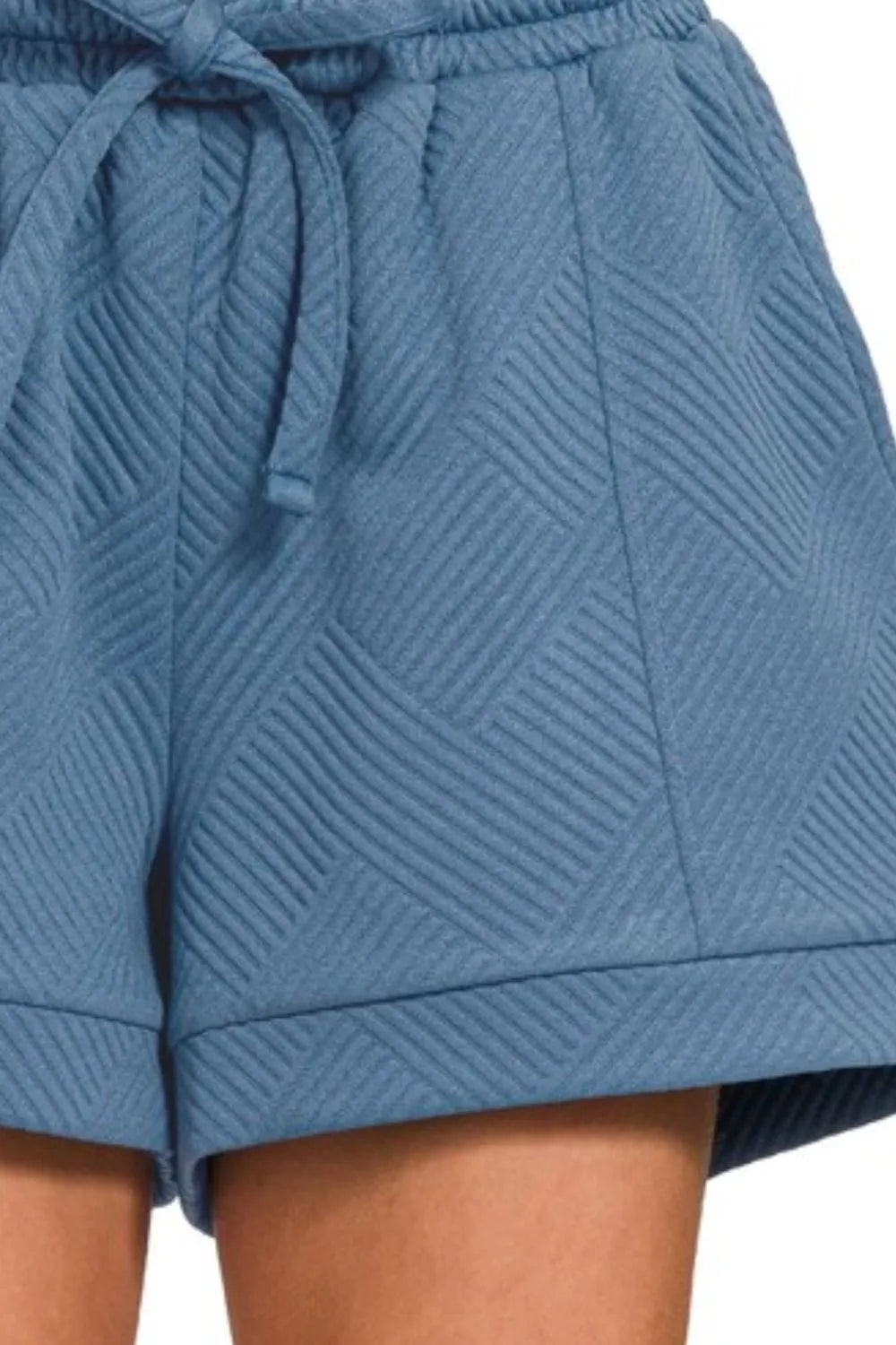 Zenana Shorts Dusty Blue Textured Knit Jacquard Drawstring Pocketed d465e9e3-cae0-4178-8f74-1be7a0a75e43-Max-Origin Trendsi