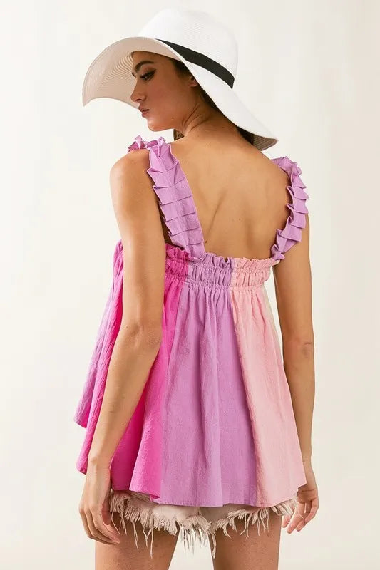 BiBi Top Frill Shoulder Strap Color Block Bodice Babydoll Blouse d471bce2-04cc-4783-b0d4-ba9dee40fb6a-Max-Origin Trendsi