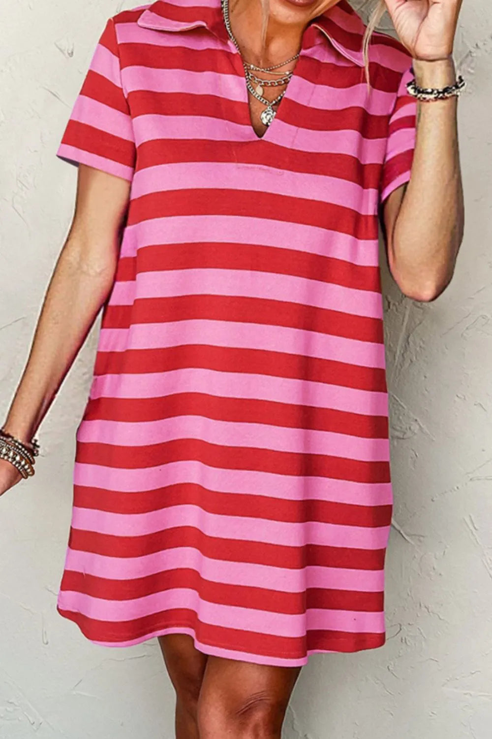 T-Shirt Dress Casual Striped Polo Collar Short Sleeve with Pockets d478de87-04ff-467b-83b3-2b5e32b6811f-Max-Origin Trendsi