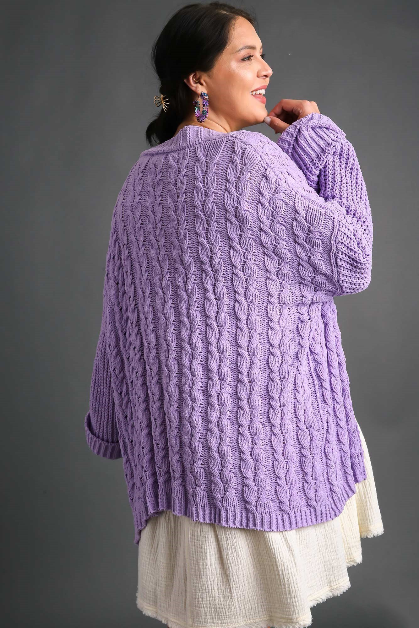 Umgee USA Cardigan Lilac Cable Knit Open Front Long Sleeve Women Knitwear