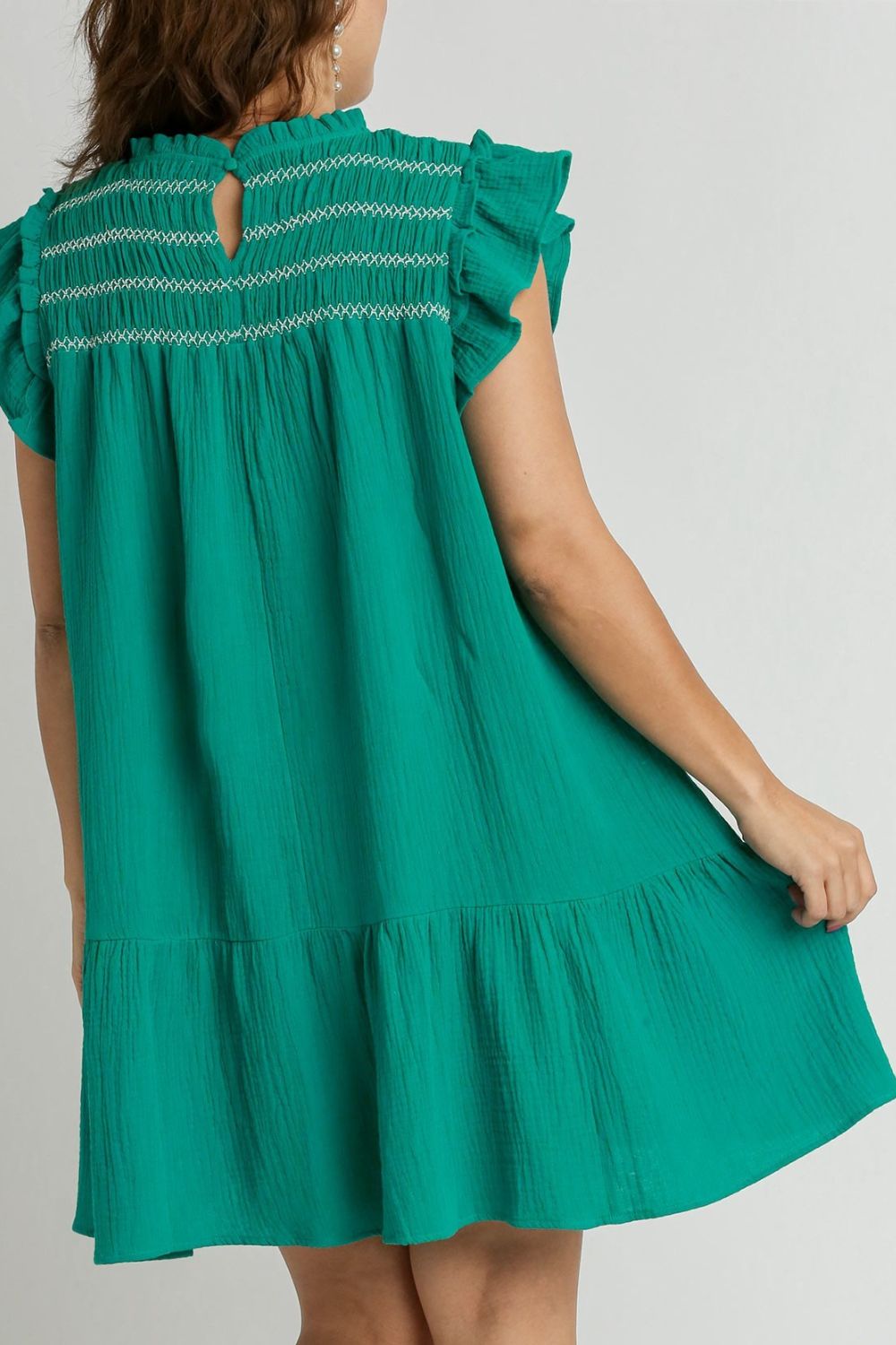 Umgee Mini Dress Ruffle Jade Green Smocked Contrast Stitching Short Sleeve d4954671-ac66-48bb-ab3e-d51f55645394-Max Trendsi