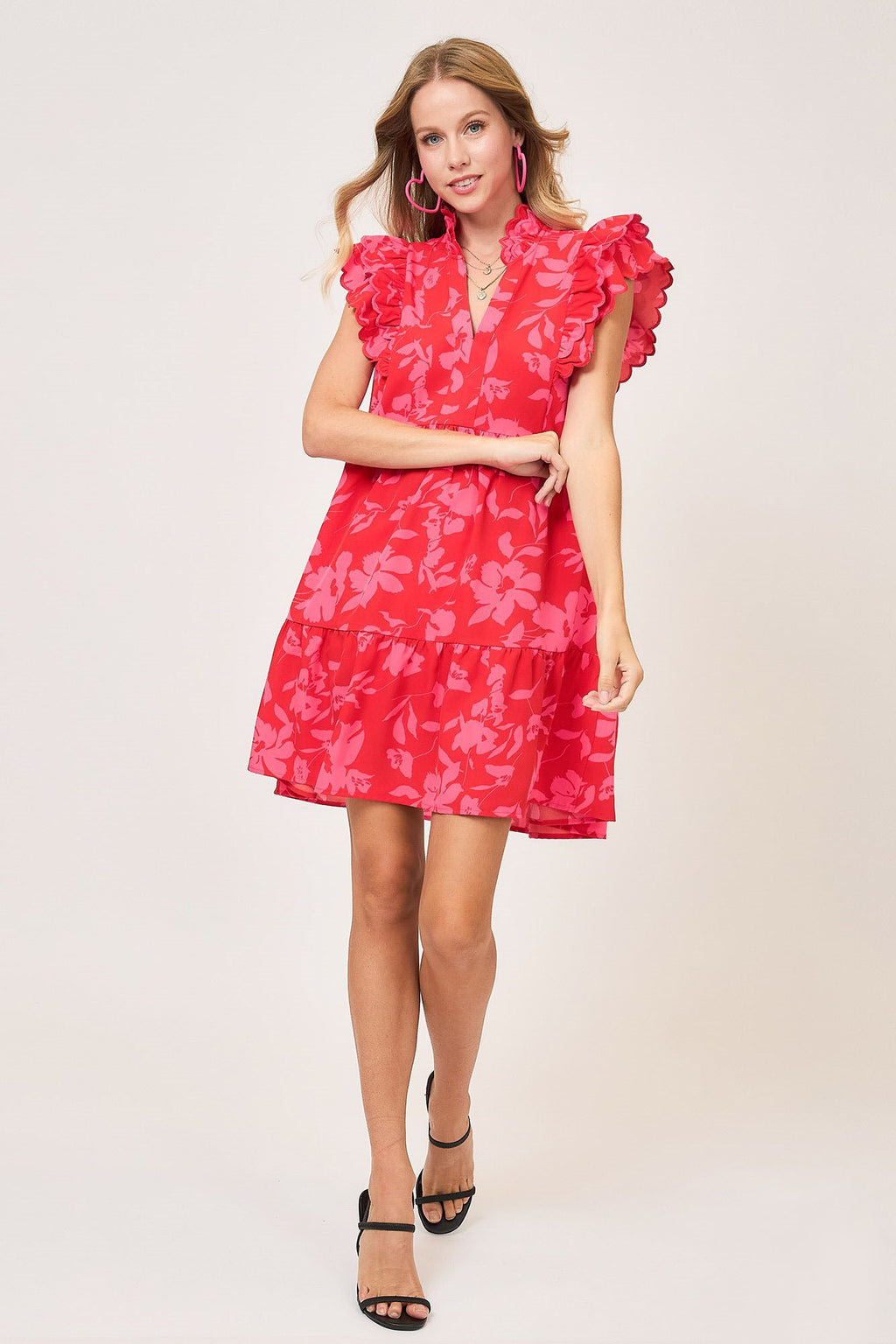 Umgee Red Floral Mini Dress Ruffle Cap Short Sleeve Tiered Dress Plus Size d4a37453-e1d6-41fe-95b1-417bf9558492-Max Trendsi