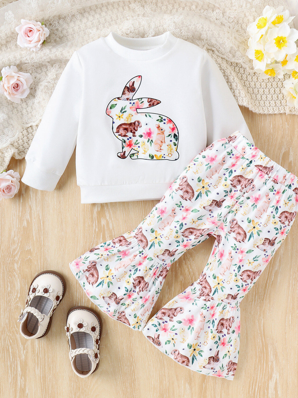 Children's Floral Bunny Print Top and Pant Set