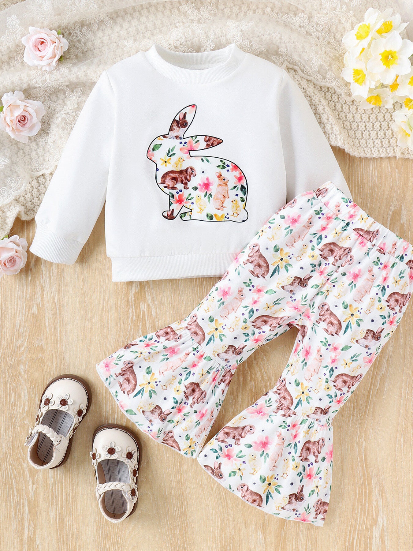 Children's Floral Bunny Print Top and Pant Set