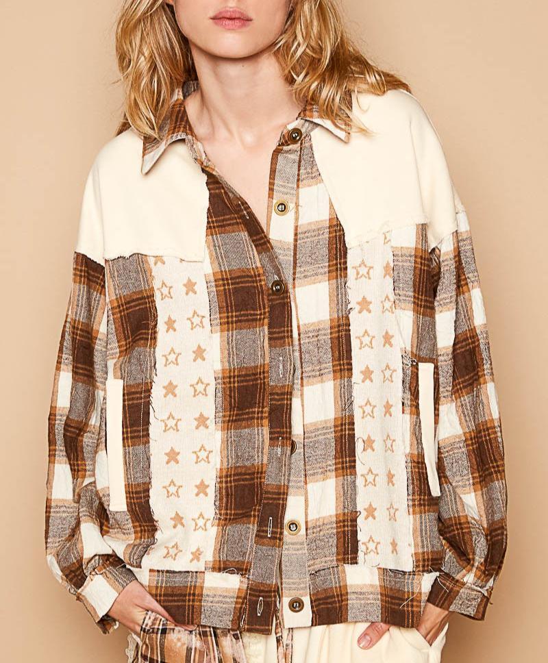 POL Plaid & Star Patchwork Jacket Women Contrast Long Sleeve Shacket Beige d4a96dbf-e71c-473b-9db6-6691fe28d84b-Max Trendsi