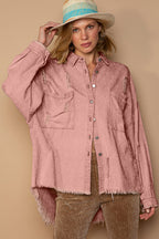 POL Shacket Distressed Powder Brick Button Down Raw Hem Oversized d4a988b2-b52b-4404-8dd6-8d302392a98d-Max Trendsi