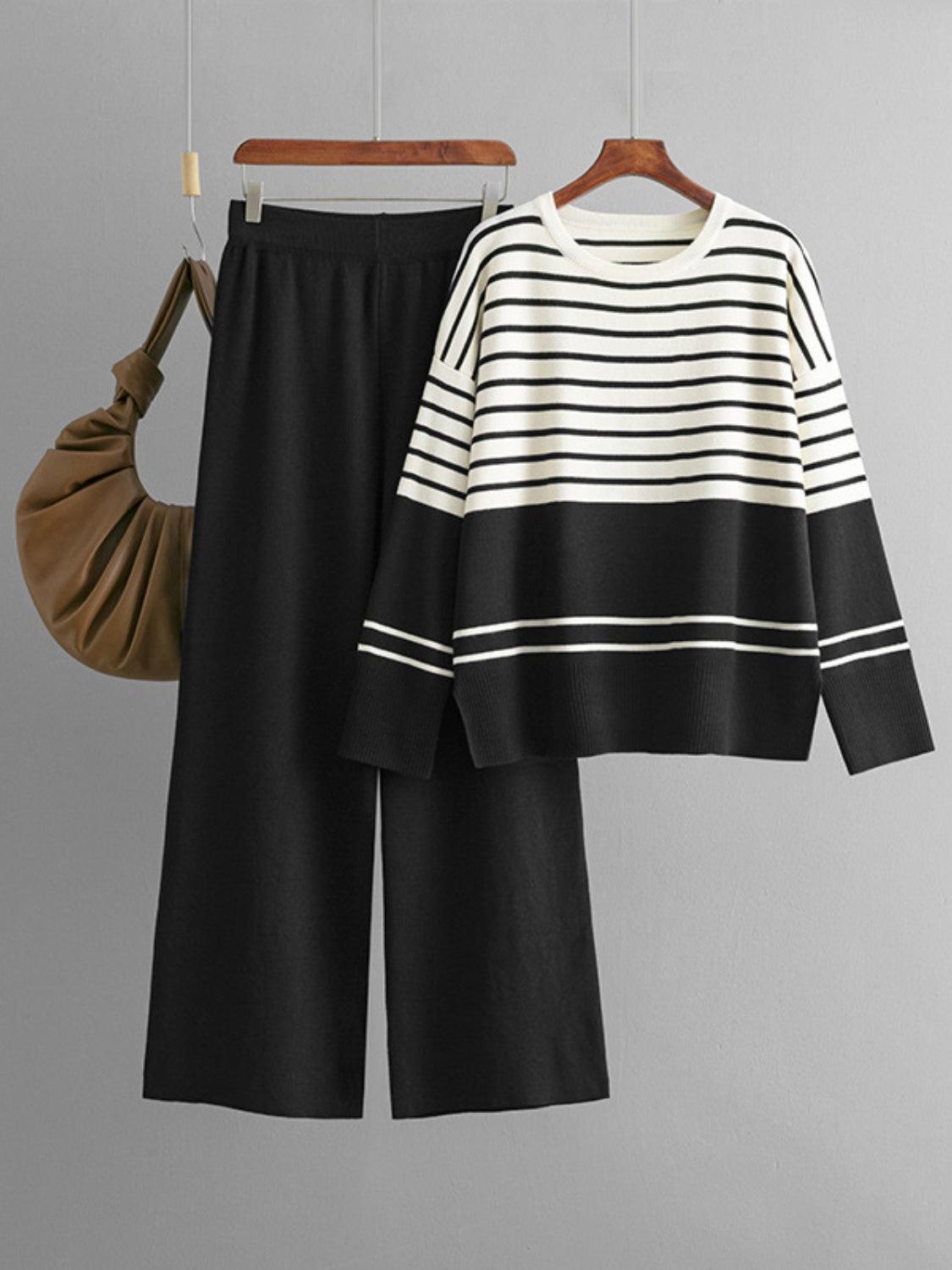 Basic Bae Outfit Sweater Set Striped Round Neck Long Sleeve Top and Pants Set