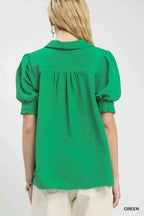 Umgee Blouse Green Seersucker Puff Short Sleeve Top