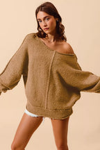SO ME Womens Sweater Taupe Loose Fit Exposed Seam Slouchy Boucle d4b546d11dc14ab4ba386f54e3ae7191-Max-Origin Trendsi