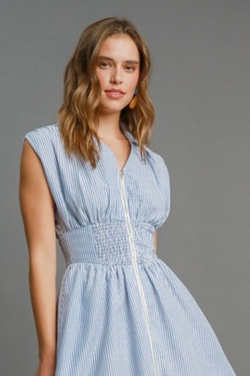 Umgee Midi Dress Striped Zipper Light Blue with Smocked Waist d4b5ef01-3d78-48a1-9eac-475597fe017f-Max Trendsi