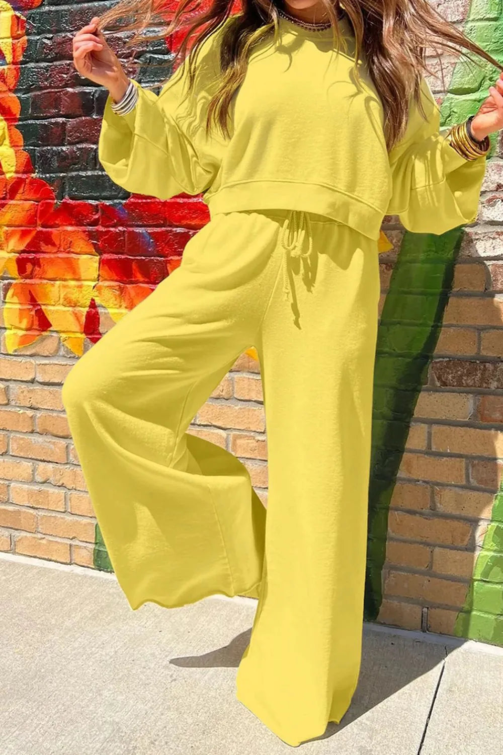 Women's Outfit Set Yellow Round Neck Long Sleeve Sweatshirt and Pants 2 Pcs Yellow d4b77590-5657-4bc4-bbe8-50ce6231c8b8-Max-Origin Trendsi