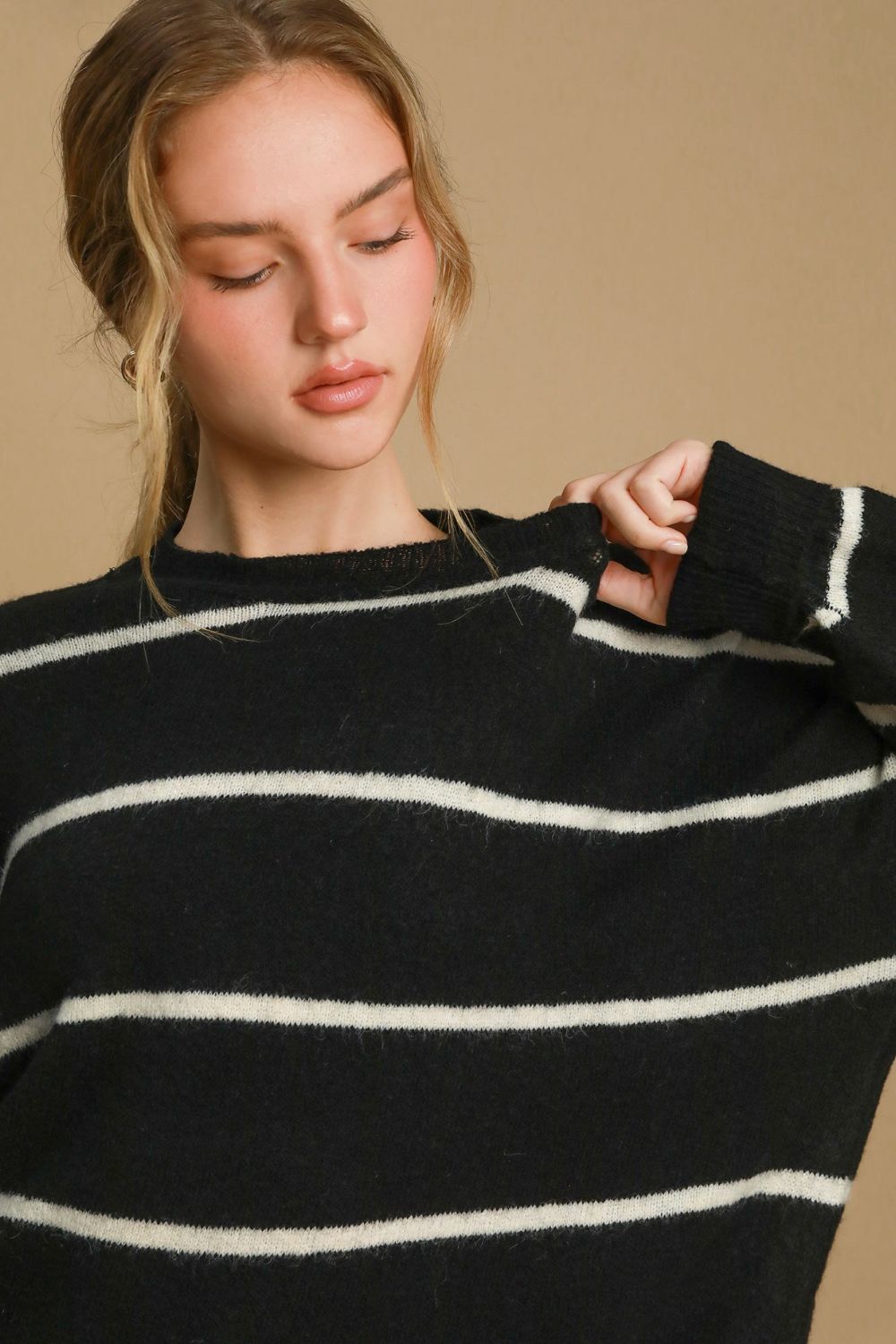 Umgee USA Wool Blend Sweater Striped Women Round Neck Long Sleeve d4b9c526-90c2-4542-a409-d7db2a826240-Max Trendsi