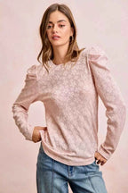 BiBi Women Blouse Textured Flower Knit Blush Pink Puff Shoulder Top Long Sleeve d4bd485c7f01454195a542e0e6d63447-Max-Origin Trendsi