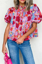 Floral Women's Blouse Pleated Colorful Red Buttoned Puff Short Sleeve d4cb66a0-cecf-4d0f-9fcb-1413fdcb8b61-Max-Origin Trendsi