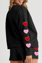 Heart Texture Outfit Set Round Neck Top and Drawstring Shorts Set 2 Pcs Black d4d7f550-b020-4857-b2b7-721169f740f4-Max Trendsi