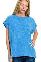 Zenana T-shirt Woven Double Gauze Deep Sky Acid Washed Short Sleeve Top d4da7e5d-f78f-4df6-9f4d-abed03128657-Max-Origin Trendsi